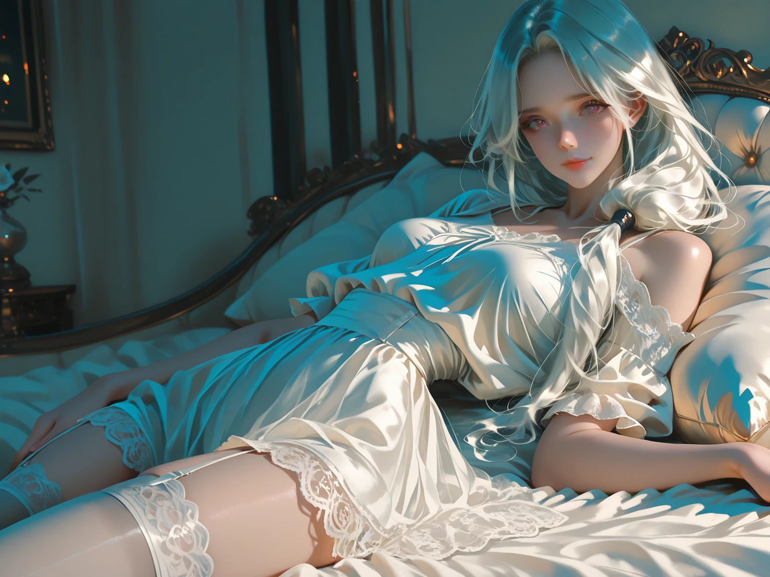  Bride, wedding dress, long dress, beautiful dress, victorian dress, dress with ribbons and bowes, high heels, blushing, teasing, blue eyes, white hair, sleeveless, stockings, earrings, neckless, ring, running, windy, long flowy hair, breasts, 1girl, Solo, High Resolution, masterpiece, lace, dress lift, luxurious bedroom, bed, kneeling