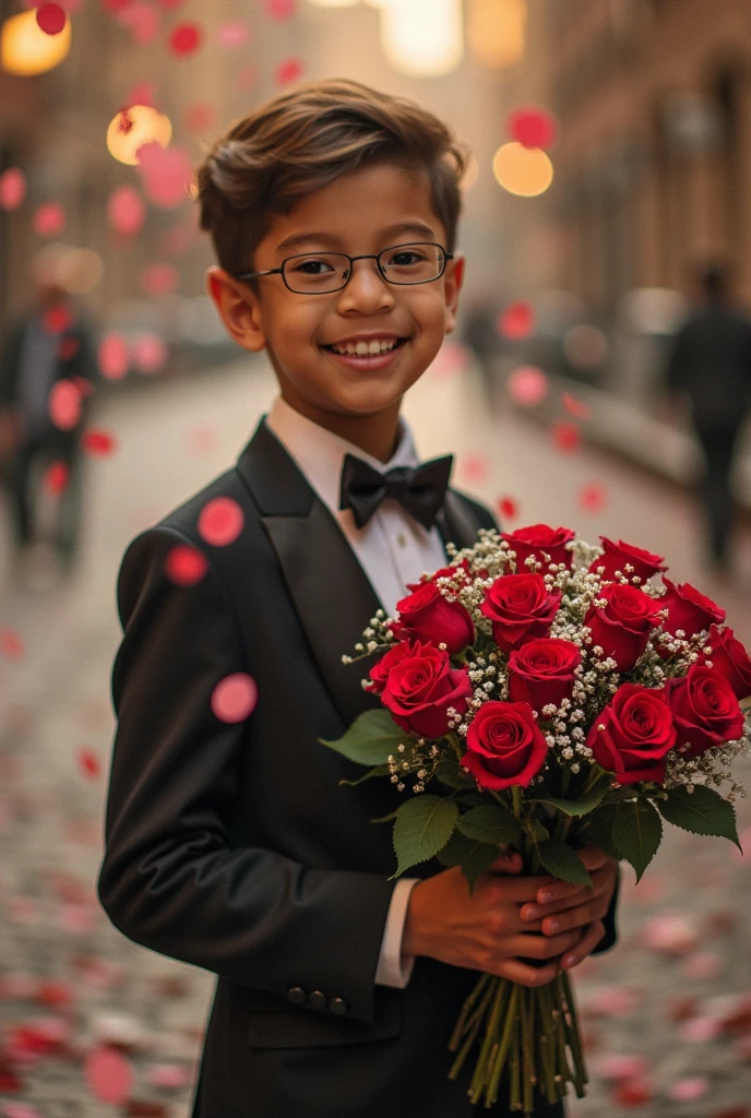 (Masterpiece, best quality) best quality, Masterpiece, Ultra high resolution, realistic: 1.4, Close-up of a 5-year-old Korean boy holding a bouquet of roses and chocolates.. Look into the camera with love in the eyes with a blurred background or bokeh with the bright love atmosphere of the high resolution images.