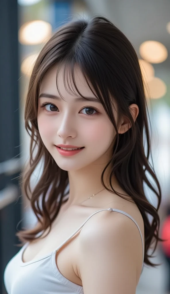 Tabletop, Highest quality, shape, Very detailed, finely, High resolution, 8k wallpaper, 完璧なダイナミックな構shape, Beautiful and exquisite, Straight hair, Small breasts, Natural color lip, Random sexy poses,smile,20-year-old girl、Midnight、Beautiful and dense face、Perfect and beautiful face,Big eyes、RAW Photos、Beautiful and exquisite、Small face、Beautiful Duplex、Slim face and figure,Beautiful golden ratio face、Tight dress、Please make a cute face、Harajuku、Blurred Background