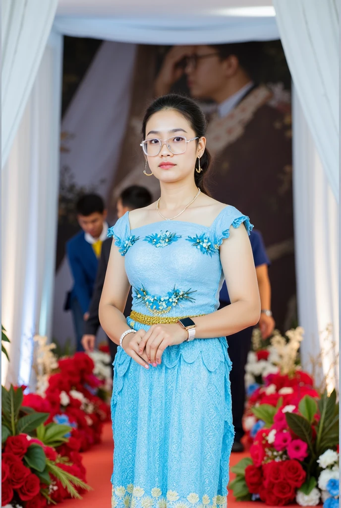 "wearing traditional Indian saree in a wedding ceremony, remove background, sporting glasses, realistic facial features, ultra-high resolution real image"