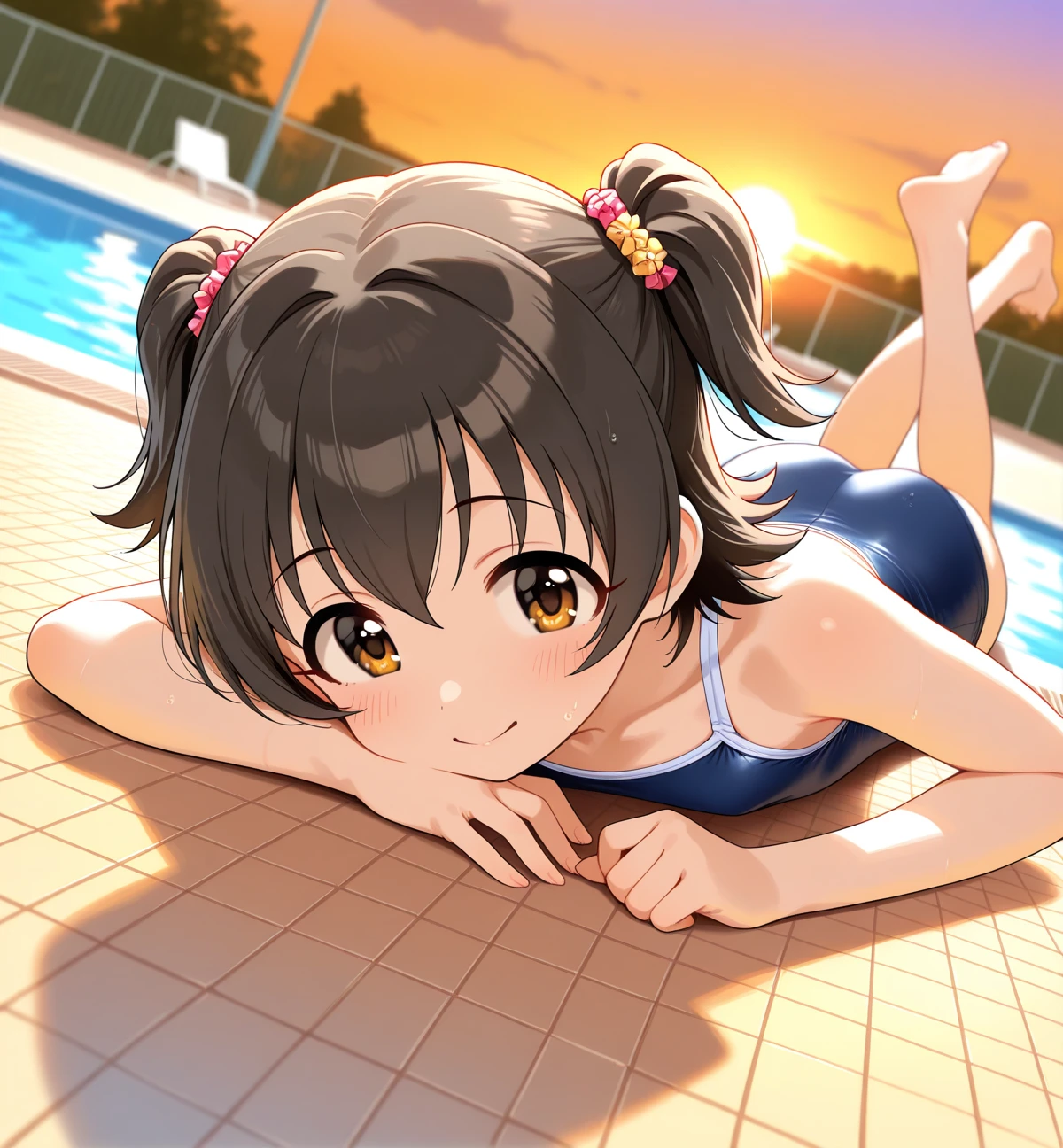 17 age, girl with, a sailor suit,slightly larger udder,Narrow waist, Hairstyle is a bob cut, Poolside background,Smiling face,full bodyesbian,Wet