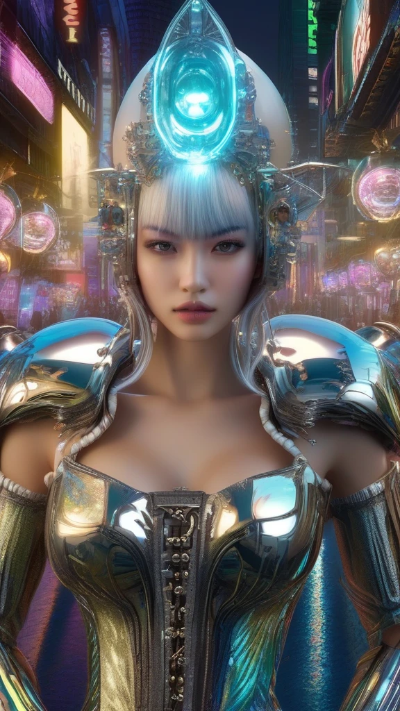 top-quality、​masterpiece、超A high resolution、(Photorealsitic:1.4)、Raw photo、Battle Cyborg Angel、large wings made of metal、White porcelain body、Acrylic Clear Cover、white  hair、glowy skin、1 Cyborg Girl、((super realistic details))、portlate、globalillumination、Shadow、octan render、8K、ultrasharp、character edge light,Colossal tits、Raw skin  exposed in cleavage、Details of complex ornaments、Gothloli details、Hydraulic cylinder、Small LED lamp、highly intricate detail、Realistic light、a purple eye、radiant eyeacing the camera、neon details、cowboy  shot、Futuristic headgear、About Cyberpunk、、