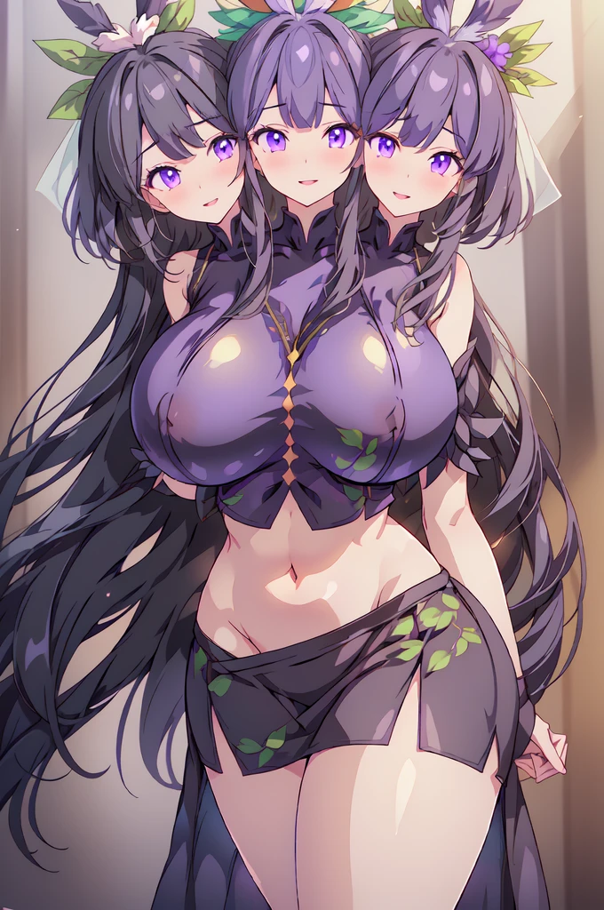 Wearing a purple bikini、barefoot。hair is black、Purple eyes。Breasts are K cup。The skin is white and、Long hair。Has one brother and one sister。My sister has an E cup。All of them have black hair。6 siblings。It's like diving into the ocean and looking at the coral reefs and fish.。Like we're lined up on the beach with the beach houses。My brother is wearing a purple diving suit.。I have one older brother.。I have five sisters.。A total of 6 people including myself