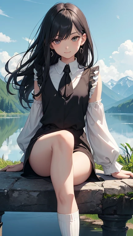 (masterpiece, best quality:1.2), cowboy shot, solo, 1girl, yukinoshita yukino, ((wide smile1.4)), ((looking at viever:1.4)), ((Sky from below:1.4)), ((full body)), (sitting on rock:1.4)), yukinoshita yukino, school uniform, ((nakked upper body:1.4)), plaid skirt, ((thighhighs)), outside, ((blushing:1.4)), ((black platform shoes:1.4)), sunny day