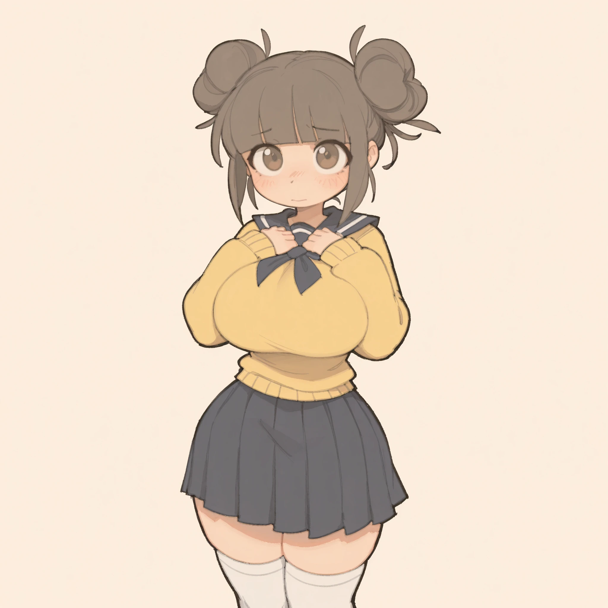 masterpiece, ultra-HD, impressionism, high detail, best quality, very aesthetic, 8k, best quality, beautiful, tmchng, 1girl, solo, short brown hair, blunt bangs, hair buns, brown eyes, huge breasts, narrow waist, wide hips, thick thighs, shortstack, yellow sweater, serafuku, black pleated skirt, white thigh high socks, school uniform, blushed, shy, cute, hands over chest, standing, looking at viewer, simple background, from the front view