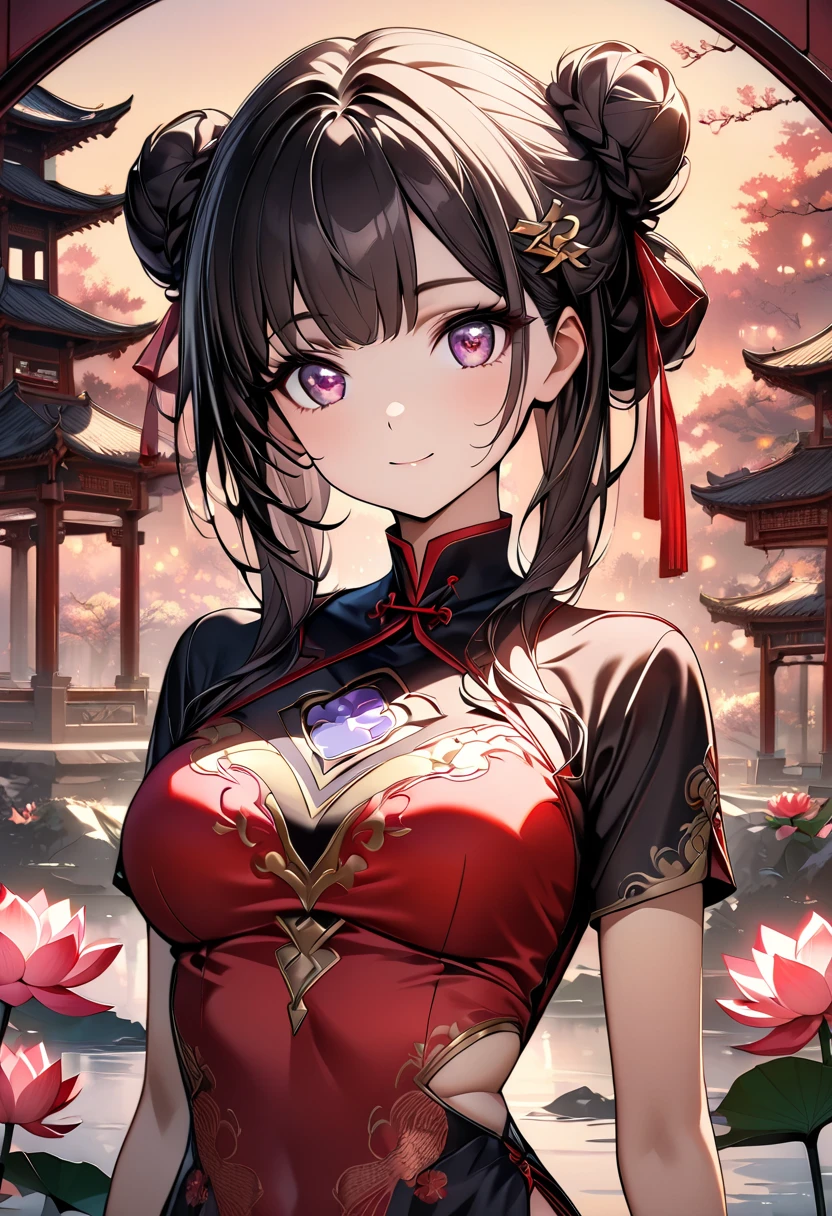 (best quality,4k,8k,high,masterpiece:1.2),ultra detail,beautiful girl,big breasts,mature,tall body,close up,seductive body,chinese style dress,lazily lying on a flat rock full of flowers,flying petals, seductive pose, colorful, magical forest, shiny particles, sparkling, night, atmospheric, enchanted, ethereal lighting, pure beauty, dreamy, serene, calm, mystical, alluring, mysterious, feminine, charming presence, black hair, red highlights, side braid , red eyes, gentle smile, graceful posture, peaceful aura, radiant, beauty in nature