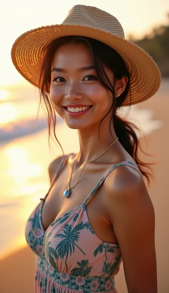 masterpiece,best quality,(Japanese ),((Beautiful girl)),cleavage,(perfect body beauty:1.2),(shy smile),beautiful teeth,(straw hat),(seaside),