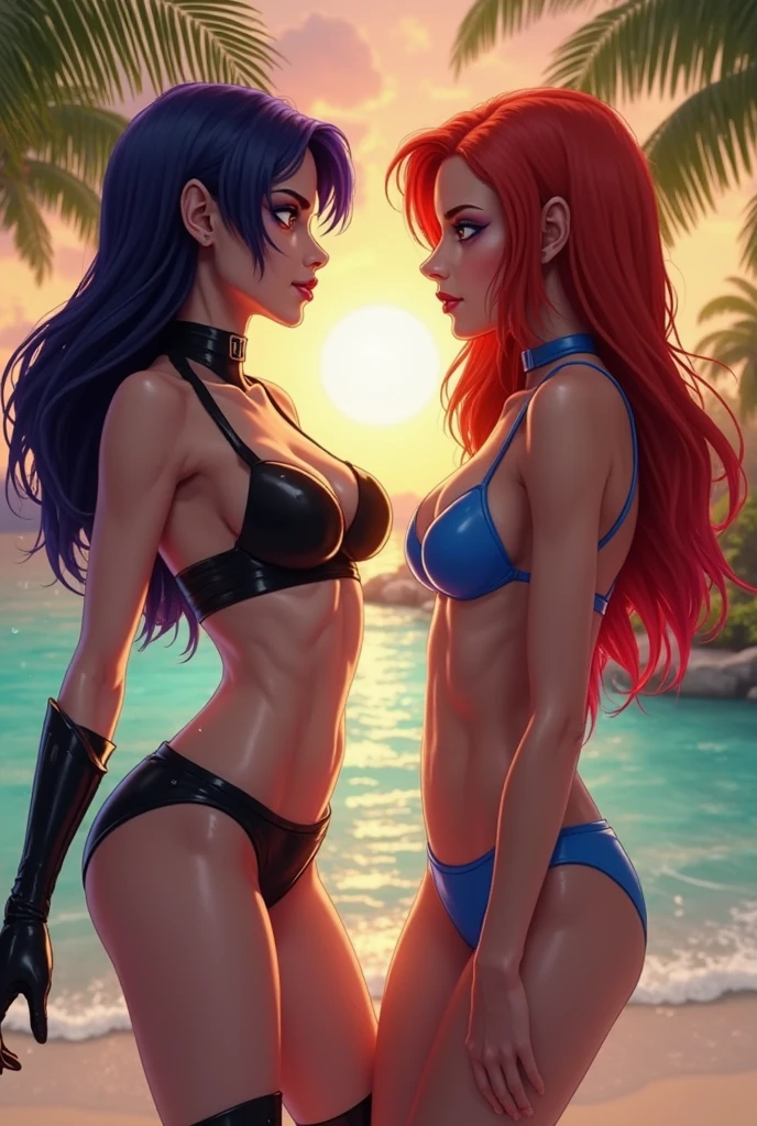 two girls, 1 red hair girl and 1 black hair girl, on the beach, bikini, affectionate, sun, sex sex sex swet, (art inspired by Bill Sienkiewicz). oil painting)