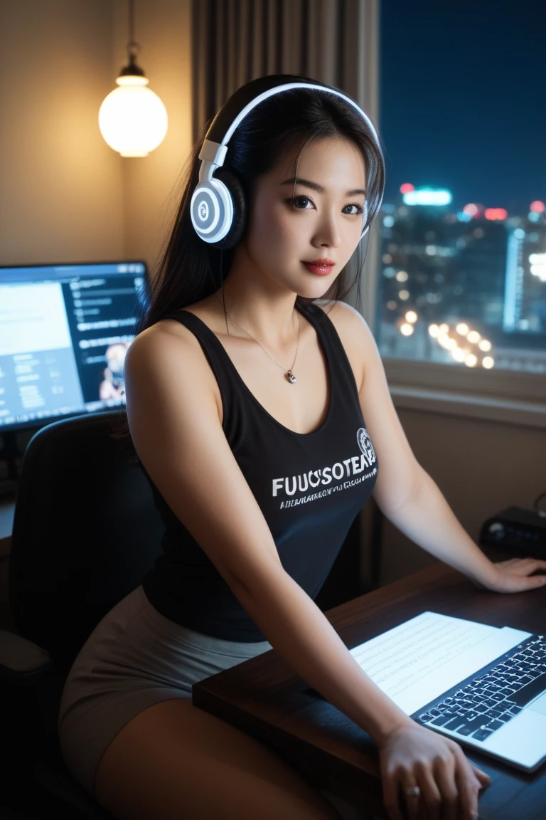a beautiful woman with beautiful breasts, open shirt flattering your cleavage, rooting for a league of legends team, holding a sign that says GO DNC, in a competitive gaming environment

