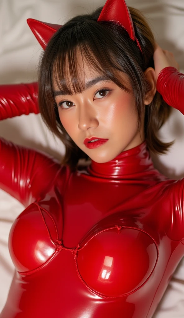 Beautiful body, Beautiful face, big breasts,  long hair, red shiny latex full bodysuit