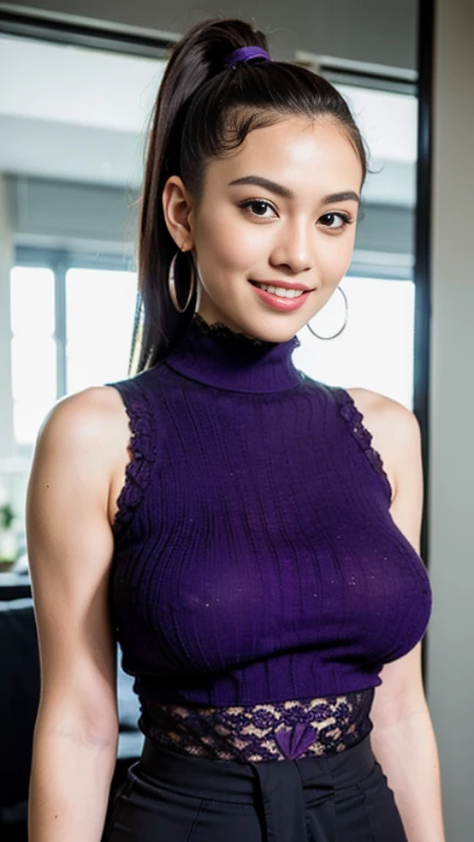 (extreme wide shot:1.7),(thai Women),(super highponytail hair),forehead,(huge breast:1.4),(slender waist),(Towns made of building blocks:1.5),(sleeveless knit),(Detailed Background:2)darkskinned,(smile),(((top-quality,masutepiece,8K,Photorealsitic))),