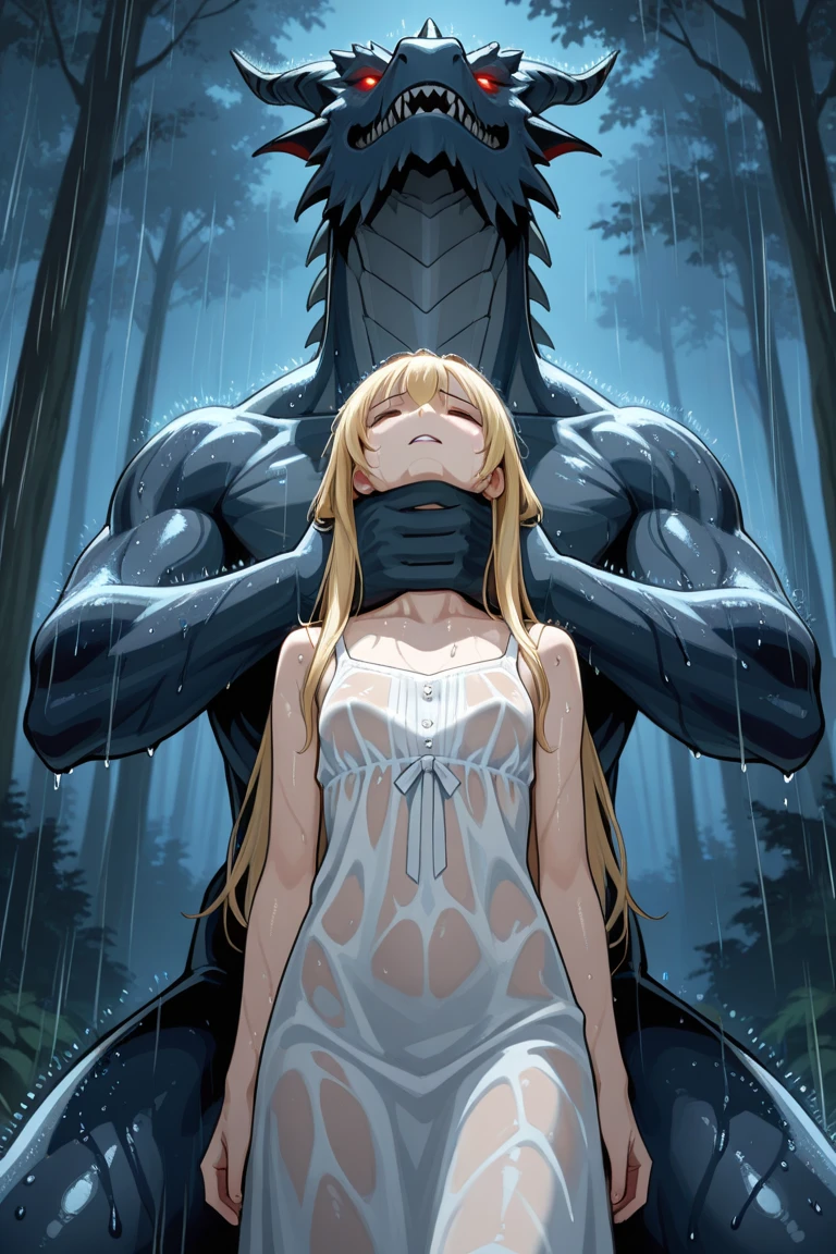 ((Highest quality)), ((masterpiece)), (detailed), (Perfect Face)、The woman is Tiare, a female predator with green eyes and medium-long blonde hair, wearing a black predator bodysuit.、In the jungle, she is having sex with a predator while hugging and kissing him.、The predator is having sex with the woman while embracing and loving her、The man is a burly predator and wears a Predator Suit.