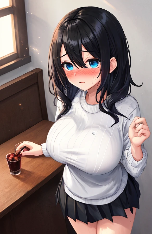 Adult Woman, masterpiece, 1girl, Amazing Cleavage:1.3, thin waist, big ass, Raised sexy, medium breast:1.3,posed cleavage:1.2,solo, open mouth, have a cup of coffee,black hair, red eyes, dress, bare shoulders, jewelry, collarbone, sidelocks, hairband, earrings, indoors, off shoulder, arms behind back, plant, short hair with long locks, black hairband, sweater dress, off-shoulder sweater, red sweater, big side hair, very long side hair,is rendered in (masterpiece: 1.2, best quality), with (ultra high resolution) and an exquisite (depth of field). This masterpiece is not only visually stunning but also tells, make of cooking some cakes ,in the kitchen,Long dark blonde wavy hair、her thin pubic hair, Puffy nipple、(short flared skirt)、garter stocking、Earring、Medium milk, cute smile face、(Pose to lean forward and emphasize the chest)、sexy hips、high-heels、atlibrary、((Close your arms to your chest and look up)),(with sparkling eyes and a contagious smile), looking at viewer,