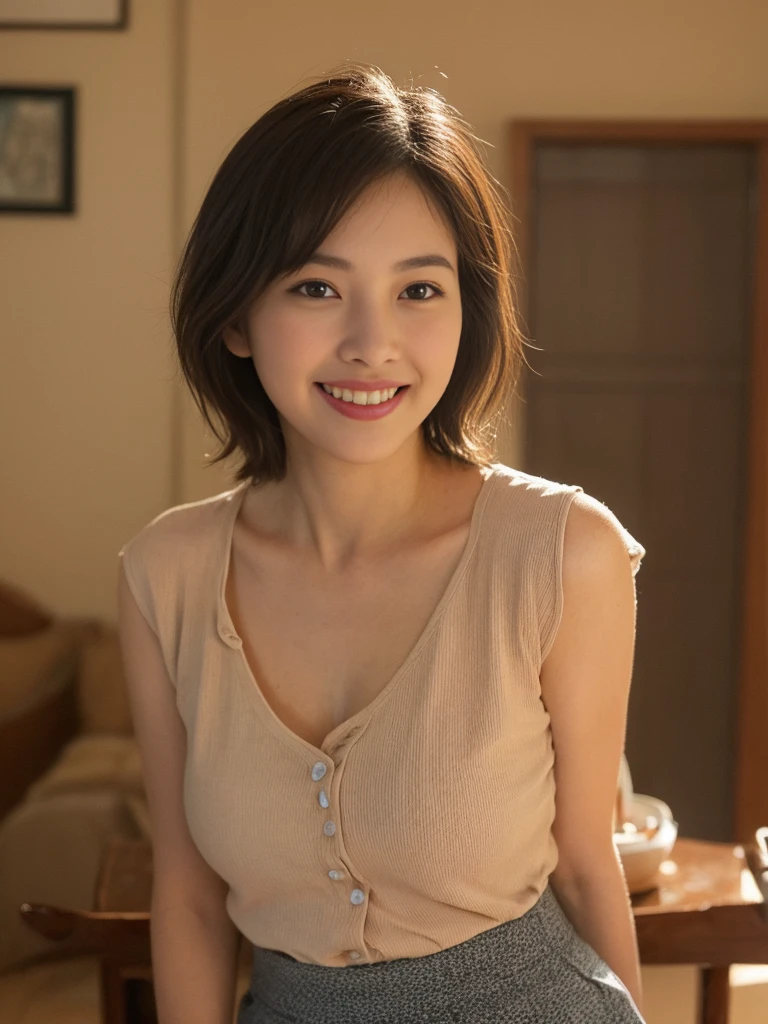 1 girl, smile, Bokeh, cute face, look at the viewer, masterpiece, model shooting style, cleavage, full body portrait, sexy pose, Light knitted dresses, short hair, straight hair, 8k, RAW photo, highest quality, masterpiece, High-definition RAW color photography Professional photos, realistic, photorealism, highest quality, best shadow, best illustrations, 8K wallpaper unified with ultra-high resolution, Detailed CG, cinematic lighting