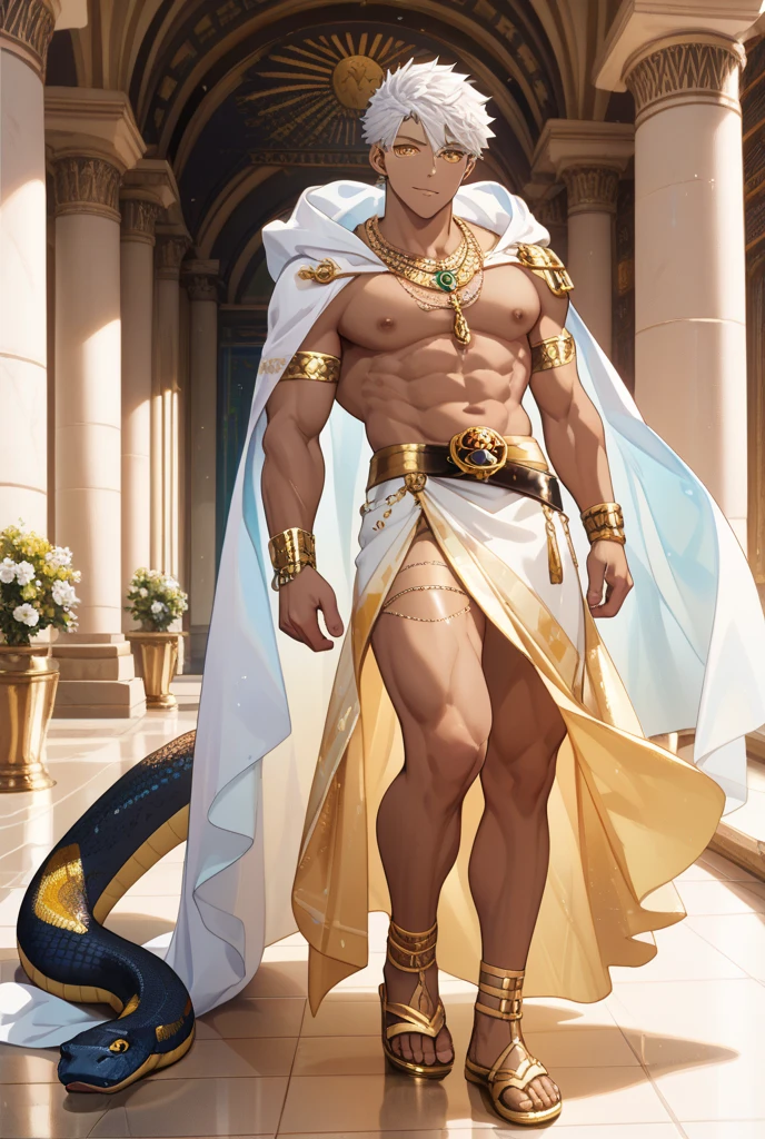 1 male, high resolution 8k, adult, handsome, perfect face detail, detailed eyes and face, clean shaved, sixpack realistic, white eyebrow hair, white eyelashes, Naked torso, Detailed face, perfect face, dynamic lighting, unreal engine, hd picture, satoru gojo, Jujutsu kaisen, white hair, short hair ,hair between eyes ,blue eyes, white skin, Egyptian clothes