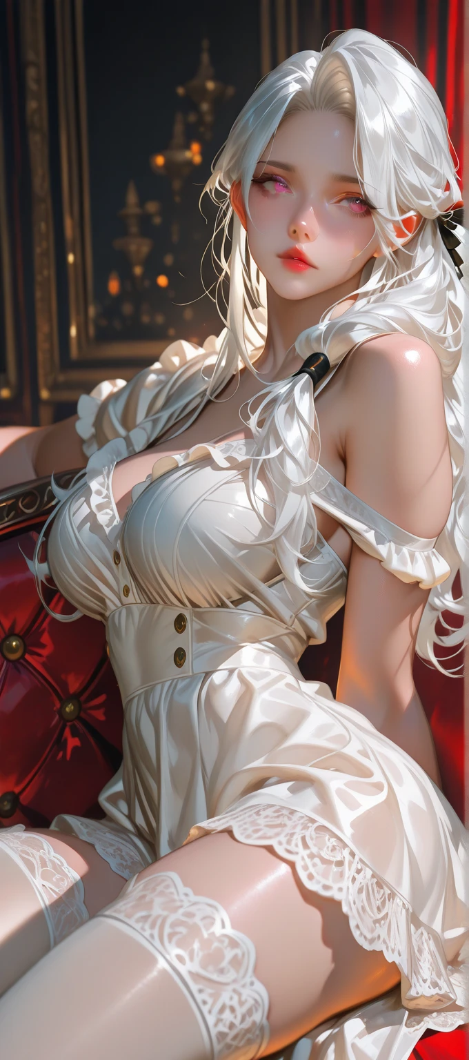 Ultra high quality,8K,Girls do not show their breasts,Lace top,High cold wind,red lip,The head proportions are perfect,silverlong hair,Princess dress red and white color scheme,Swan neck,and the sun is shining,necklace of diamonds,Get it all together,The color of the clothing is bright, High saturation,High detail depiction,wings
