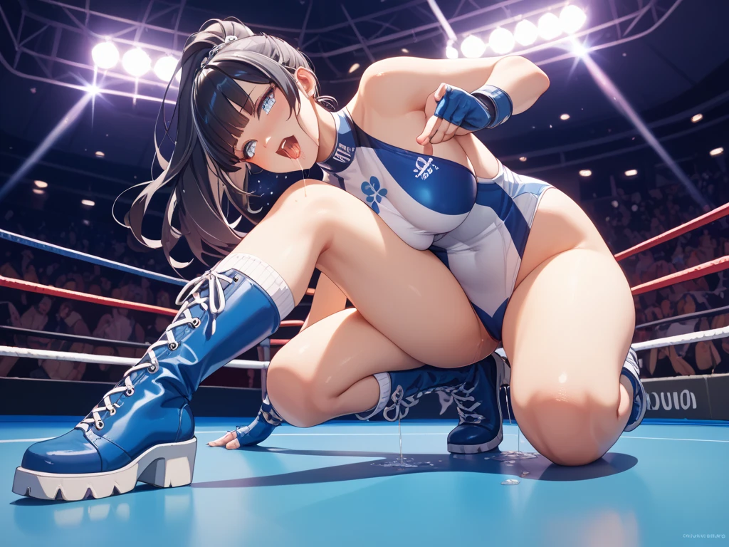 full body photographed、(highly detailed:1.2) ,ultra-detailed,top-quality,hight resolution,Female professional wrestler wrestling shoes Knee pad elbow pad Professional Wrestling Ring three ring rope 1mature woman solo light brown hair Drooping eyes highleg simpleleotard skinny mature face all fours , suffering face:1.2,crying,wailing,wet body,Steam,rough breath,eyes closed,mouth open