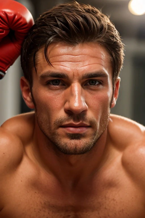 35 year old shirtless handsome caucasian athletic man wearing shorts lying his back on running track exahusted after run. Sweaty. Top down view