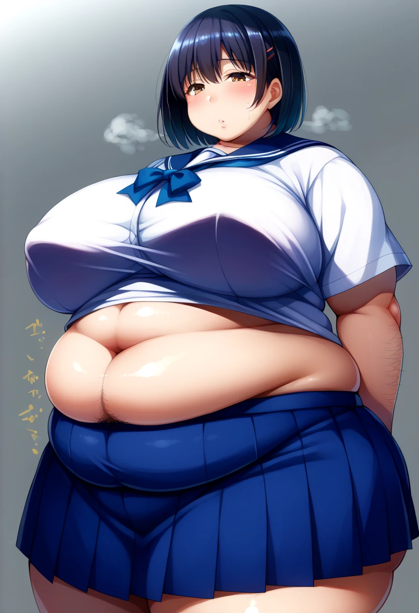 (masterpiece, best quality, ultra detailed, absurdres:1.5), 1woman, (beautiful woman, perfect face, perfect eyes, perfect female body:1.5), (kanaodef, black hair, long hair, blunt bangs, bangs, hair ornament, bug, butterfly, side ponytail, butterfly hair ornament, skirt, long sleeves, jacket, black jacket, pleated skirt, belt, black skirt, knee, buckle, sheathed, belt buckle, white belt, cape, white cape, demon slayer uniform, kimetsu no yaiba, ), (standing, outdoors, dojo in background), perfect lighting, smooth, hdr, ((big belly, massive belly, giant belly)), shocked, open mouth, (hands behind head:1.4), (solo:1.5), midriff