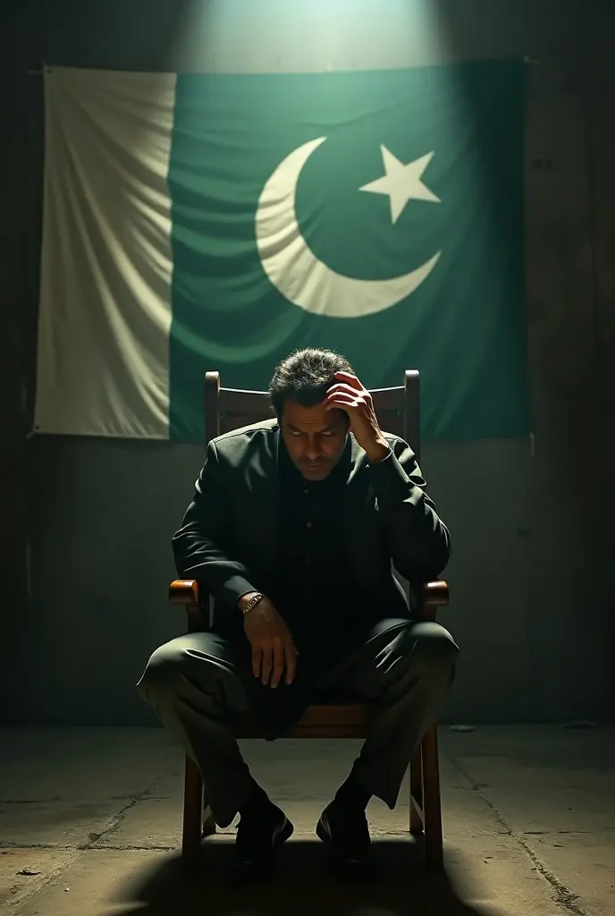 Create an image of Imran Khan, the former Prime Minister of Pakistan, inside a dimly lit and austere prison cell. He is seated on a small, rough cot with a thin, uncomfortable mattress, dressed in plain white prison clothes. The cell is narrow and oppressive, with cold, gray stone walls, a single barred window high on one wall letting in a small beam of light, and a large, prominent PTI flag hanging on one of the walls, symbolizing his unwavering connection to his political party. His face shows a mix of determination and fatigue, as he endures the harsh conditions, including visible signs of prison difficulties: a leaking ceiling with water dripping into a puddle on the floor, rusty metal bars, and a small, cracked toilet in the corner. There’s a small, worn-out table beside him with a few papers scattered across it, hinting at his ongoing political efforts even in these challenging circumstances. Shadows from the bars cast across the scene, emphasizing the isolation and difficulty of his situation.