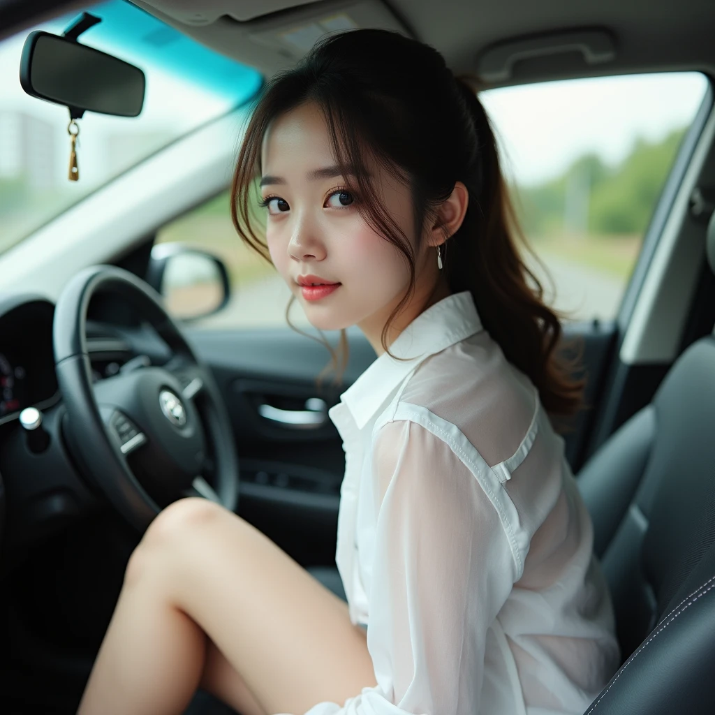Top quality, Masterpiece, Super high res,(Photorealistic:1.4), Highly detailed, Professional lighting smile, Masterpiece, Top quality, Highly detailed, Octane rendering, Superior,(Japanese girl_woman:1.1), Japanese girl, Woman sitting in automobile, taking picture from distance, taking picture from distance, Uniform on upper body, Woman sitting in car, car door wide open, showing cunt from inside car, pubic hair black, legs spread wide, crouching, female genitalia exposed