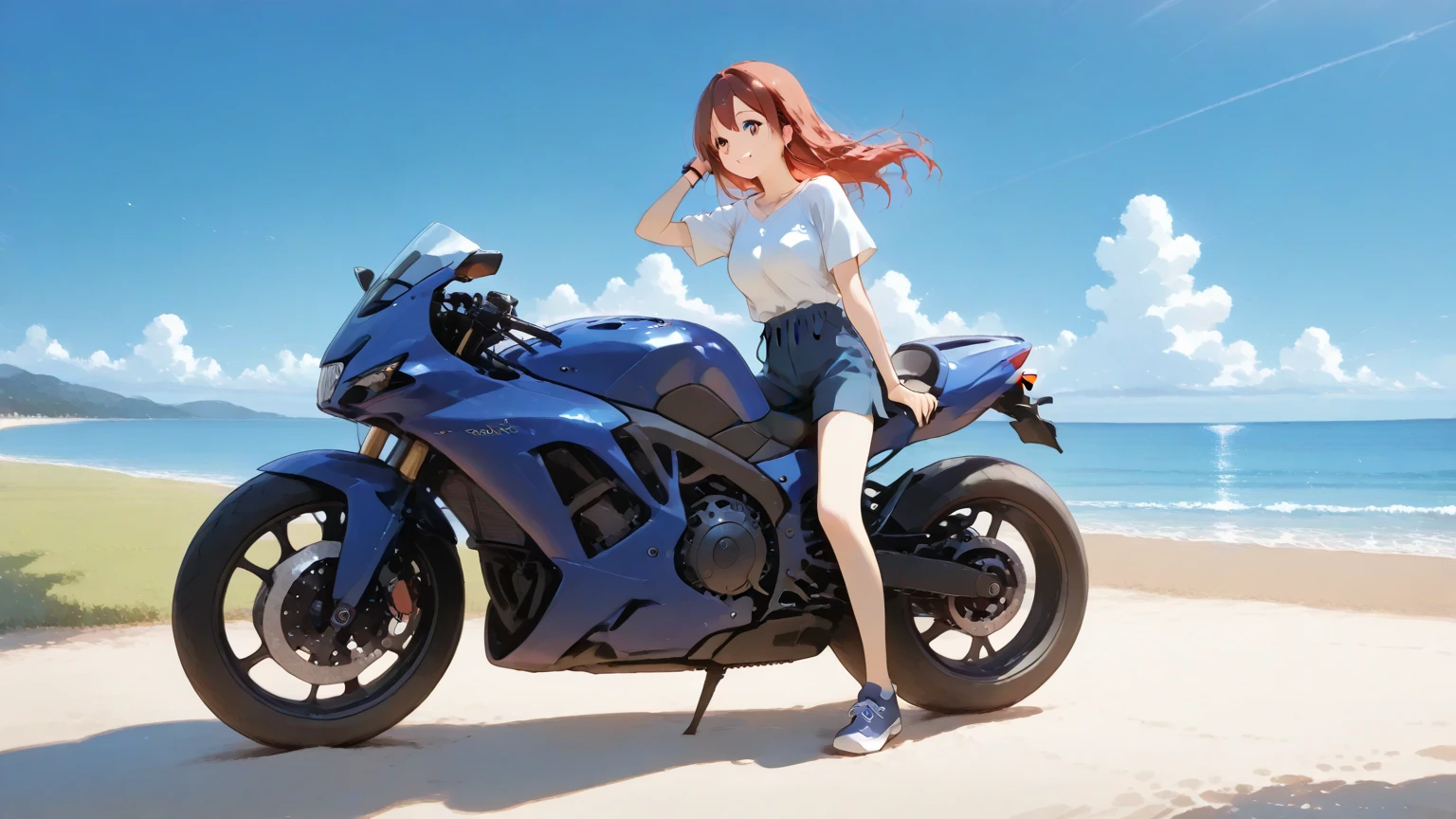 anime style, super fine illustration, highly detailed, dynamic angle, beautiful detailed, 8k, A red motorcycle parked on the beach on a summer morning. BREAK A cat girl is driving happily astride a motorcycle. Her hair is blowing in the wind. BREAK Everything is sparkling in the sunlight.