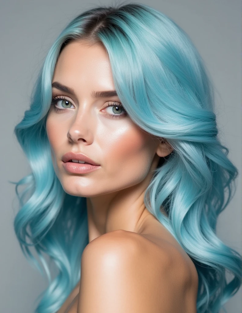 upper body photo of <lora:ViktoriaTishko_v1-000013:.9> ViktoriaTishko, focus on face, wearing leather armor , her light pastel blue hair is styled as side part waves hair,