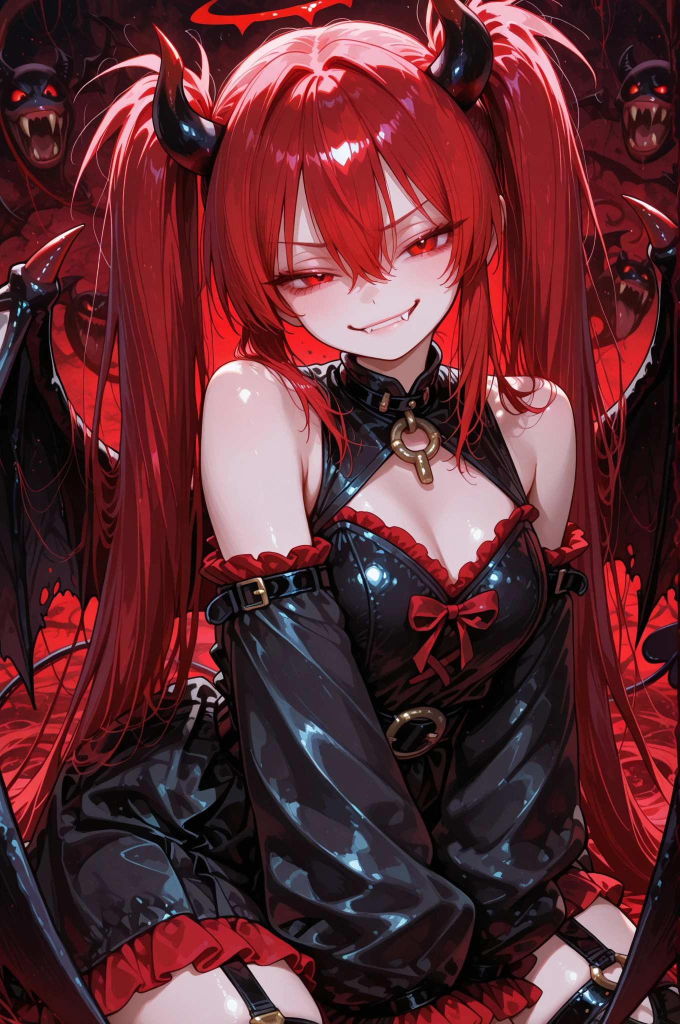 (masterpiece, best quality:1.5), (ultra detailed, high resolution, 8k, beautiful detailed, UHD, best anatomy), red hair, medium breasts, devil king, Castle of the Demon King, dark night, eerie, ominous, Eerie Smile, madness, the supremacy of a devil king