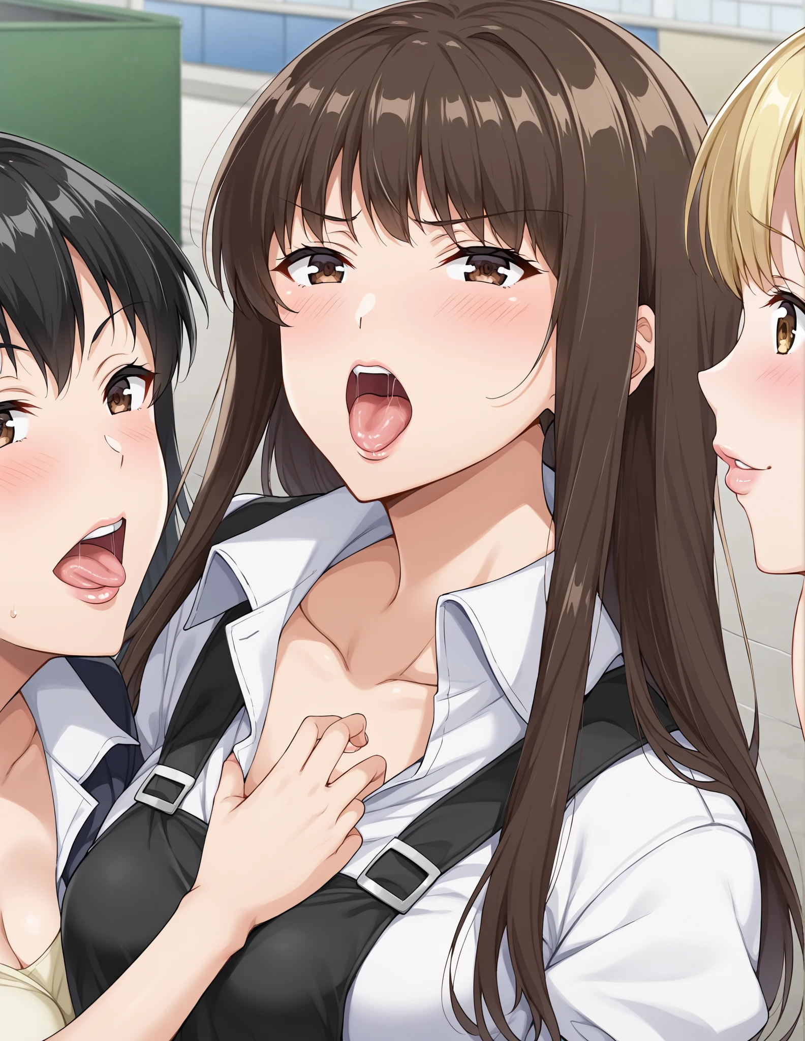 An anime girl having sex without clothes with three guys, The first man puts his penis in the woman&#39;s mouth, the second in the vagina and the third in the ass,while the girl moans with a satisfied face 