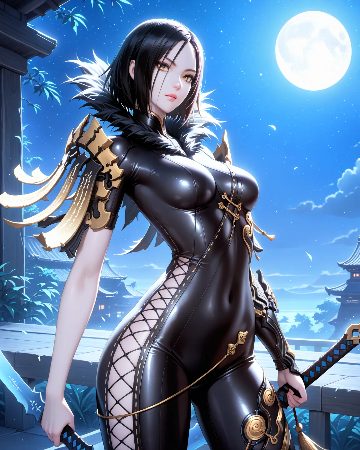 (masterpiece:1.2), (best quality:1.2), perfect eyes, perfect face, perfect lighting, 1girl, mature female standing on a bridge at night, pale skin, medium black hair, pompadour cut, drk_glam, armor, gauntlets, pauldrons, belt, straps, pelvic curtain, detailed background, emotionless, night time, red moon in the sky, makeup, eyeshadow, thick eyelashes <lora:darkKnightFashion_v10:1>