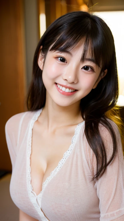 masterpiece,best quality,(Japanese ),((Beautiful girl)),cleavage,indoor,(perfect body beauty:1.2),(shy smile),beautiful teeth,
