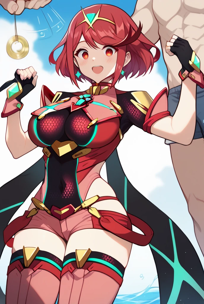 pyra \(xenoblade\), teen_1girl, , bangs, black gloves, breasts, red eyes, shout, earrings, eyelashes, fingerless gloves, floating hair, , gem, gloves, hair ornament, headpiece, jewelry, big_breasts, leaning back, swimsuit, neon trim, official art, pose, red hair, saitou masatsugu, short hair, sidelocks, skin tight, solo, swept bangs, thighhighs, tiara, fantasy_town_background, underbust, xenoblade chronicles \(series\), (xenoblade chronicles 2), (spread_legs:1.1), fire_effect,fighting,light_smile, (plump:1.1), big_ass,huge_sword, hold_large_sword_hilt, covered_nipples, covered_pussy, fists,beautiful_fingers,(solo:1.1), bare_shoulder,(shoulder_naked:1.2), (very_short_shorts:1.3),(lise_leg:1.4)