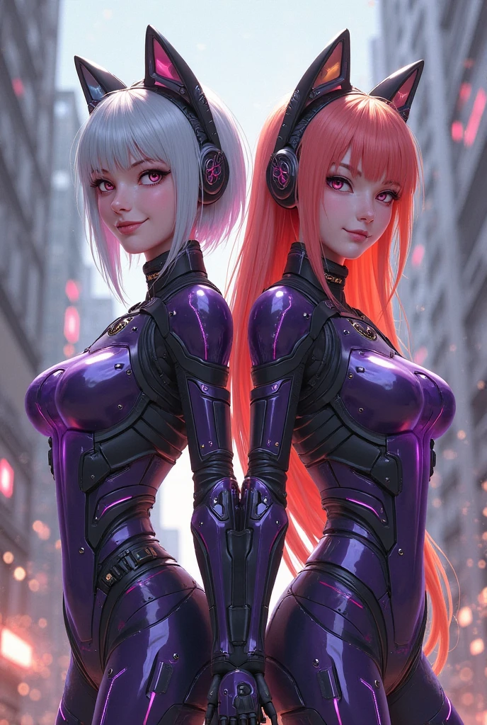 Robot Girl Android Sad Woman Beautiful sexy girl with yellow eyes Cyborg stands half-turn sideways Sadness Anime Style black background mechanical girl in a pink suit with small yellow elements, Cyberpunk robot costumes pink hair , fur girl half cyborg, Sexy thighs, black background image night black city on the background pink neon lights on the background