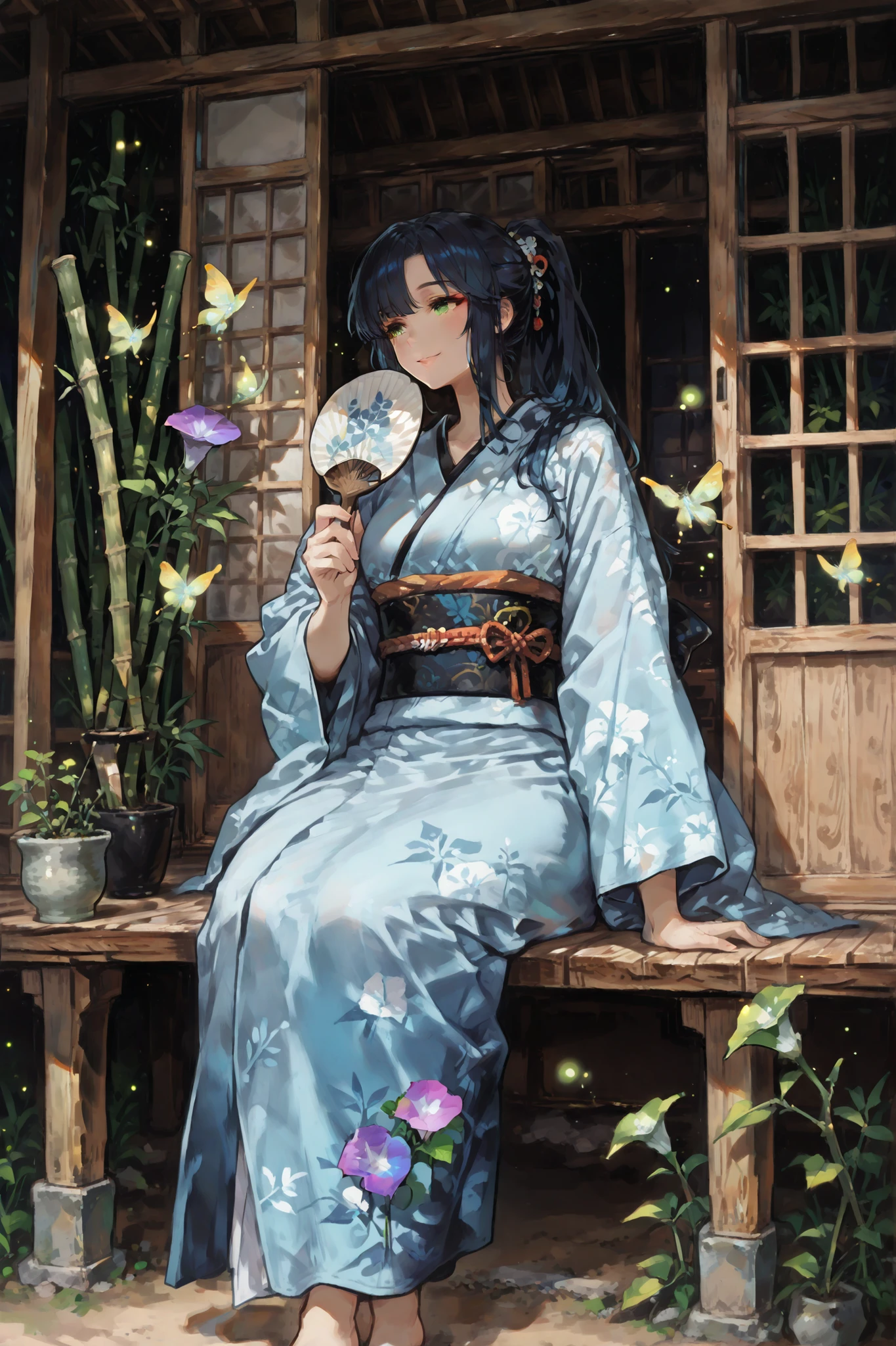 (best quality,8k,hi-res, masterpiece:1.2).(anime style),Super Detailed, HDR, ultra high resolution, Ultra Fine Painting, clear focus, Physically Based Rendering, Extremely detailed description of the surroundings, professional, PORTRAIT, Concept artist, On a Summer Night, Surrounded by bamboo groves, In the dark night,  traditional Japanese house , A shady veranda, A Japanese garden beneath the veranda, A relaxed adult woman in a kimono is sitting on a veranda, hold a fan,  in a ponytail, A sky-blue kimono with a morning glory pattern, Her expression is relaxed, A bamboo screen is hanging, Lightly glowing fireflies fly around, A fantastic night view, detailed scene, complicated depiction, An adult woman is smiling at the camera, While the veranda is dark, the surroundings are also.
