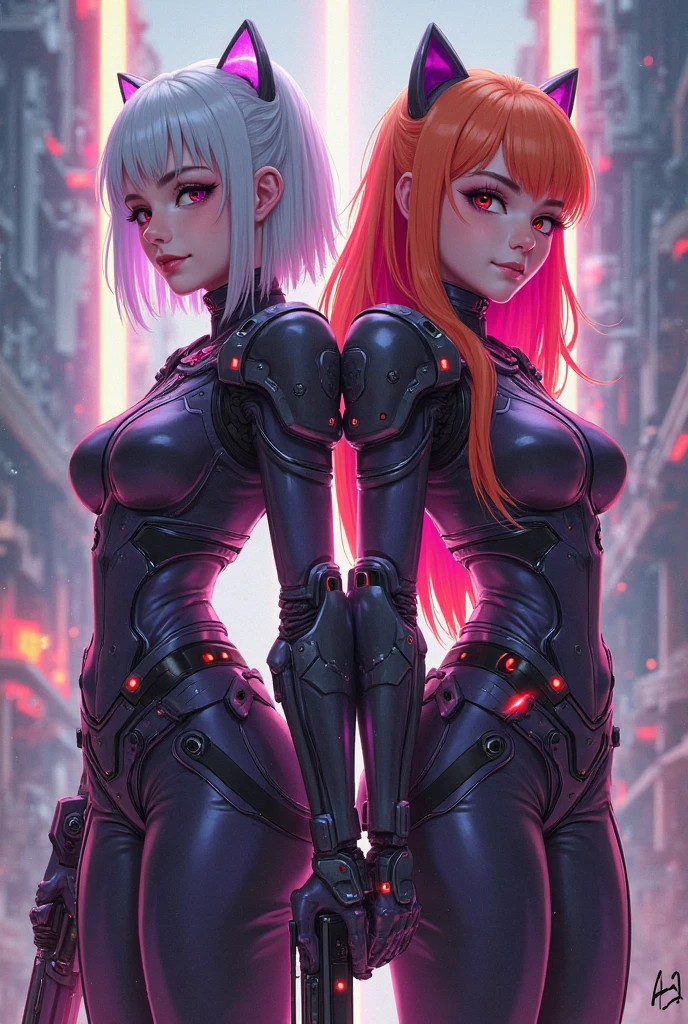 Create a detailed character design sheet for a futuristic female cyborg character. The character should have a completely matte black metallic body, emphasizing sleek and angular contours. Her eyes should be strikingly large and expressive, featuring advanced cybernetic enhancements that emit a soft, futuristic glow. Give her small, subtle lips for a minimalist facial appearance. She should have short, vibrant pink hair that adds a touch of color to her otherwise entirely matte black appearance.
Include front and side views of the character to showcase her design from different angles. Provide references for cyberpunk aesthetics and technology, with a focus on elements like biomechanical limbs, cybernetic joints, and integrated technology within her skin. The design should reflect a balance between vulnerability and power, capturing the essence of a futuristic, dystopian world.