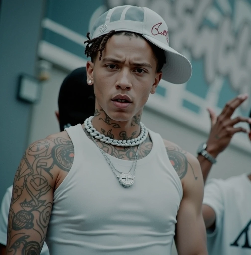 Silver iced chains around his neck