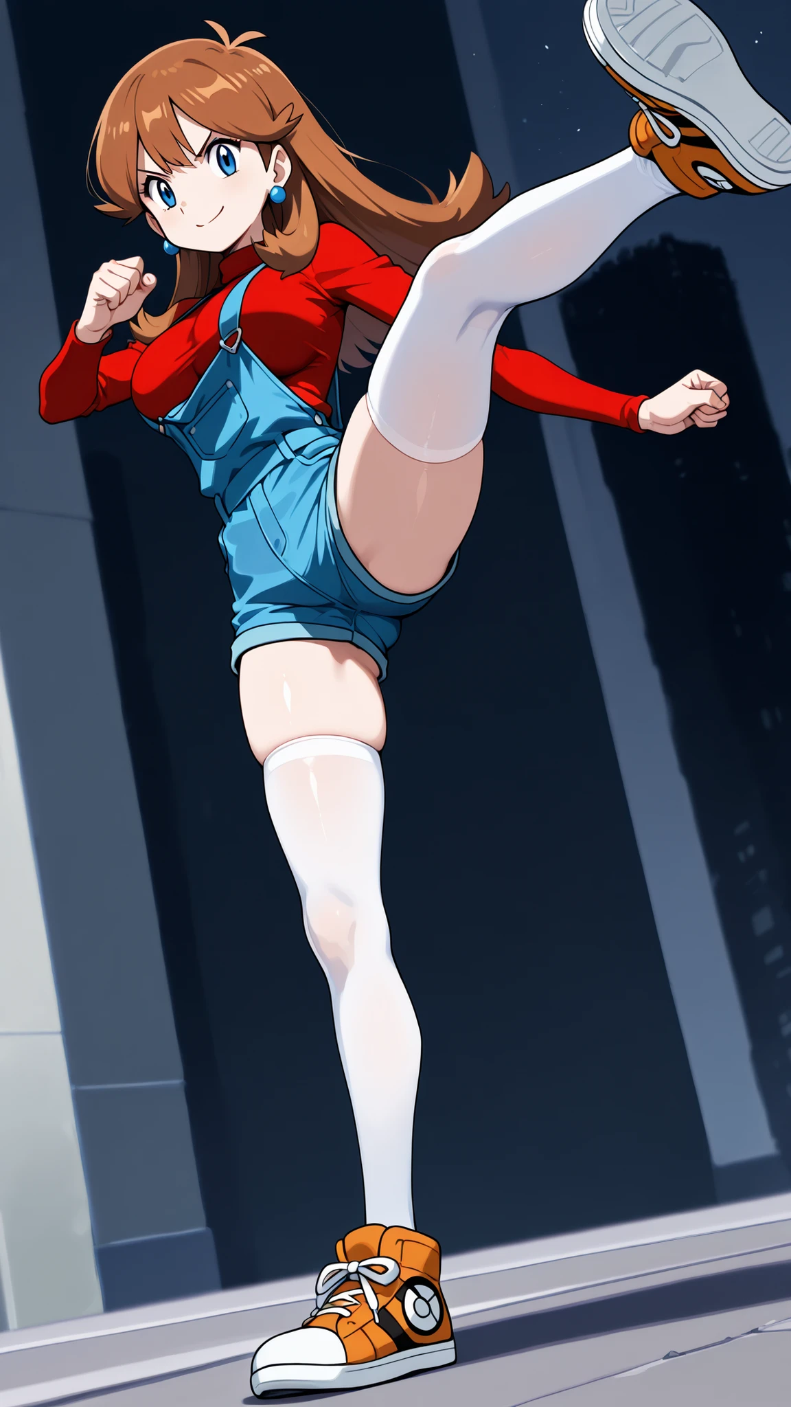 adult older sister, Tall, big boobs, high kick, Kick the viewer, bare hands, red long sleeve shirt, blue overalls denim overalls, White Knee High Stockings, Absolute region, thighs, Beautiful legs, Beautiful legs, orange sneakers with hee-cups, ((top quality)), ((masterpiece)), ((details)), slim sexy body that can be licked by mobs, standing, 1girl, two legs, two arms, orange brown hair color, long hair, blue eyes, anime coloring book, 1 woman, Age 18, A determined smile, blue earrings, Three idiot hairs , bangs, Full Body, City, Sidewalk, (\Pokémon\), score_9, score_8_excellent, score_7_excellent, score_6_excellent, Source_anime, Cell Shading, gradation background, vector,