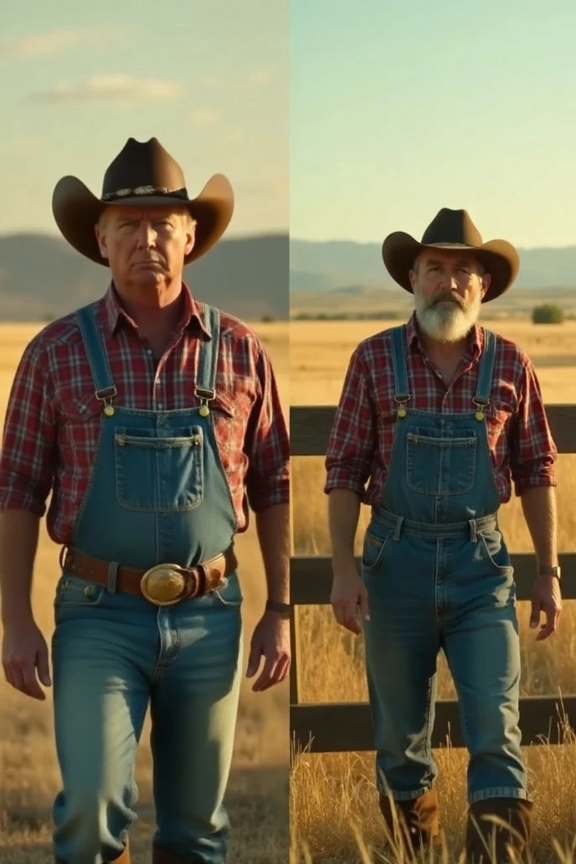 A handsome attractive man with a hat and a black cowboy outfit getting out of a car with a young handsome shirtless skinny white gay man introducing his grandfather to his boyfriend on a farm