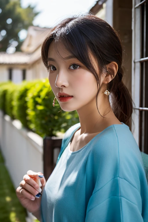 ((Best image quality, 8K, masterpiece: 1.3)), Selfie, Sharp focus: 1.2, Cute beauty with perfect figure: 1.4, slim, ((Brown Hair Black)) , (White T-shirt，Pleated skirt，Highly detailed face，Happy expression，Stand on your own two feet：1.2），（（Blue sky and white clouds，Beach by the sea：1.3. Produced mainly by women）），Highly detailed face and skin texture，Fine grain，double eyelid
