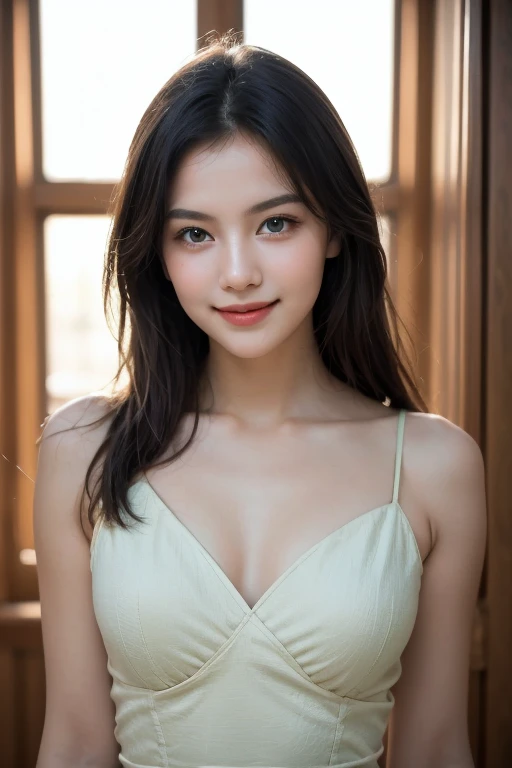 best quality ,masterpiece,ultra high res,(photo realistic:1.4), japanese, 1 girl, smiling, looking at viewer, upper body, very beautiful, black hair, kawaii, Cinematic, 35mm lens, f/ 1. 8, accent lighting,