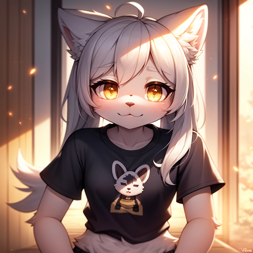 (Lolita), (hands behind his back), furry, white fur, super cute face, detail elements on fur, glowing t-shirt, beautiful lights and shadows, ambient light, super fine fur, volumetric light
