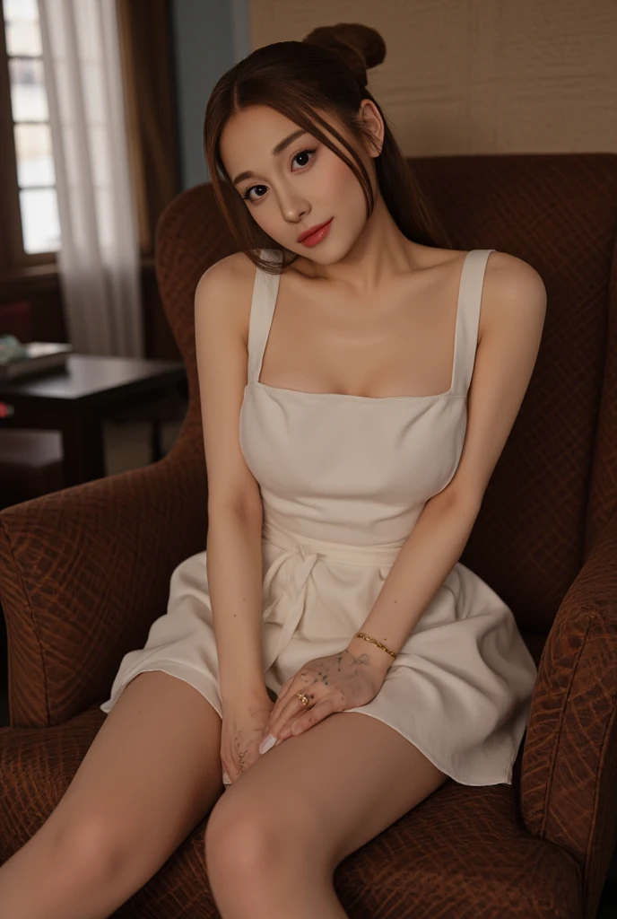 Highest quality, (beautiful)、A flashy mini dress with shoulder straps、Larger breasts、Brown Hair、looking at the camera、Close-up、pub、necklace、Earrings、night、smile、White garter belt、Sit on the sofa、White Stockings、Leaning forward、slouch