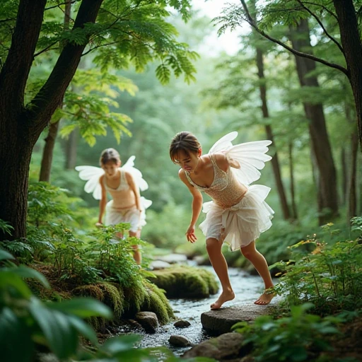 Rescuing the Fairy:
Deep in the forest, Lily and Sam discover a small clearing beside a sparkling stream. Amongst the ferns and wildflowers, they spot a tiny fairy with shimmering wings trapped in a spider's web. Sam carefully untangles the web, and the grateful fairy hovers above them, sprinkling glittering fairy dust that brings the flowers to life with vibrant colors.