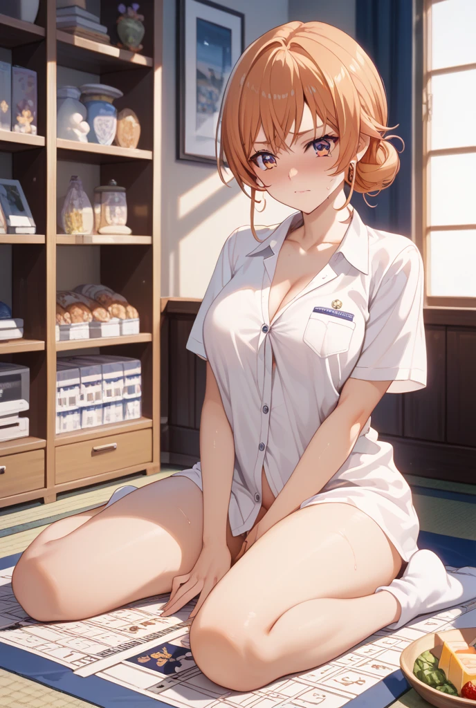 {{{masterpiece}}}, {{{best quality}}}, {{ultra-detailed}}, {illustration}, {{an extremely delicate and beautiful}},1girl,solo,{{{agnes tachyon (umamusume)}}},red eyes, horse ears, horse girl, horse tail, light brown hair,{{messy hair}},short hair,ahoge,medium breasts,{{{{tareme}}}},{{{White coat, nude}}},cowboy shot