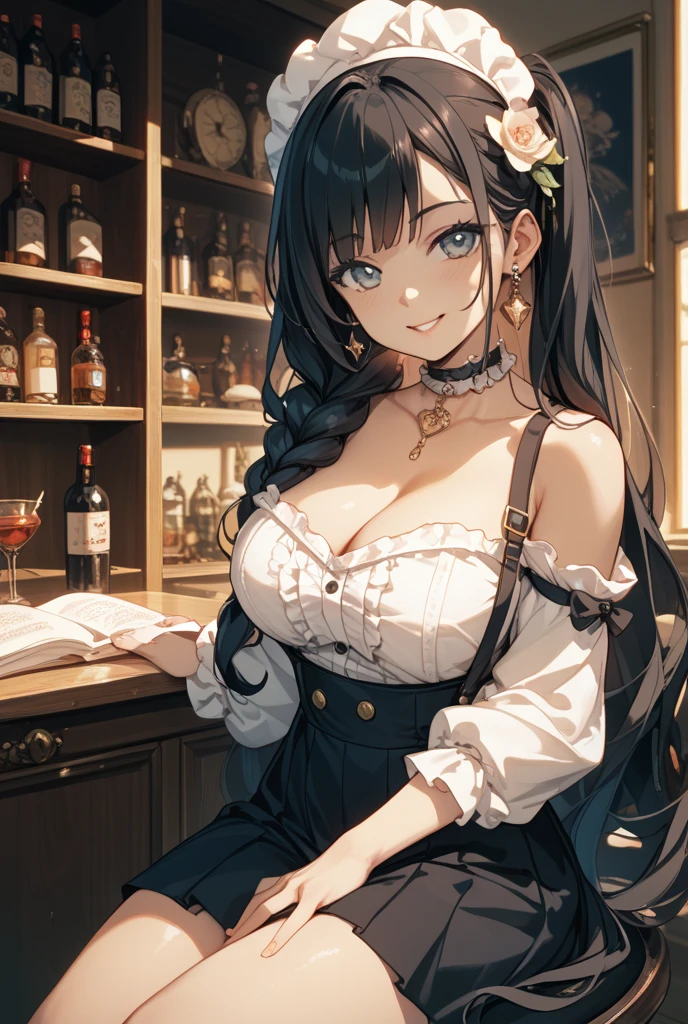 , a lady gracefully sitting near the bar, by john singer Sargent, realistic oil painting style, dimly lit, rim lighting, exquisite clothing detail, , graceful curves, pleasing aesthetic, soft diffused lighting, cleavage, modern clothes, ((big breasts)), amulet,