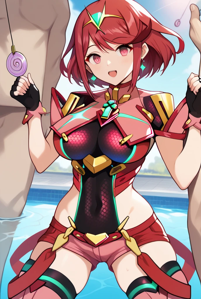 pyra \(xenoblade\), teen_1girl, loli, bangs, black gloves, breasts, red eyes, shout, earrings, eyelashes, fingerless gloves, floating hair, , gem, gloves, hair ornament, headpiece, jewelry, big_breasts, leaning back, swimsuit, neon trim, official art, pose, red hair, saitou masatsugu, short hair, sidelocks, skin tight, solo, swept bangs, thighhighs, tiara, fantasy_town_background, underbust, xenoblade chronicles \(series\), (xenoblade chronicles 2), (spread_legs:1.1), fire_effect,dynamic_pose,fighting,light_smile, (plump:1.1), big_ass,huge_sword, hold_large_sword_hilt, covered_nipples, covered_pussy, fists,ponytail,beautiful_fingers,(solo:1.1), bare_shoulder,(shoulder_naked:1.2)