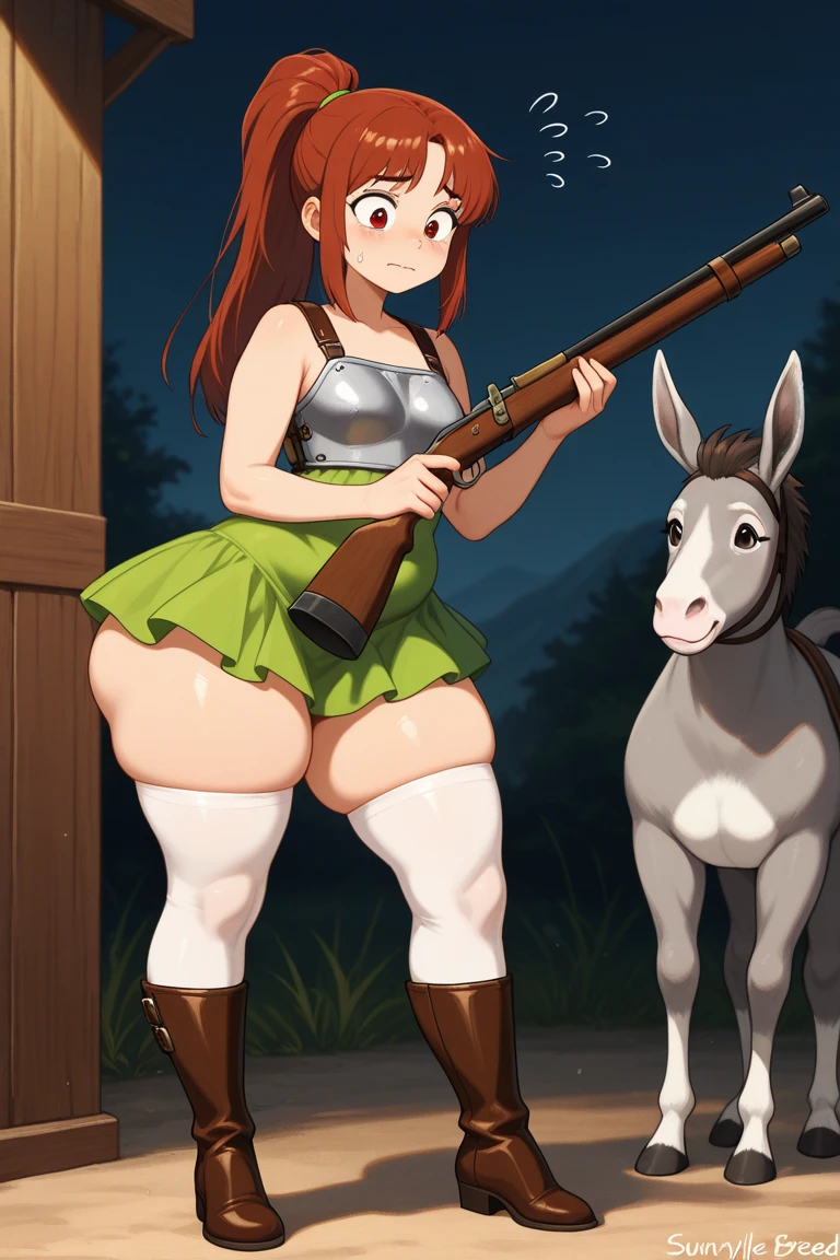 high quality, masterpiece, full body, anime style, nature, 1girl, centaur, mature, sexy, lustful, lustful look, bra, mature, slim and sexy body, holding a gun as a weapon