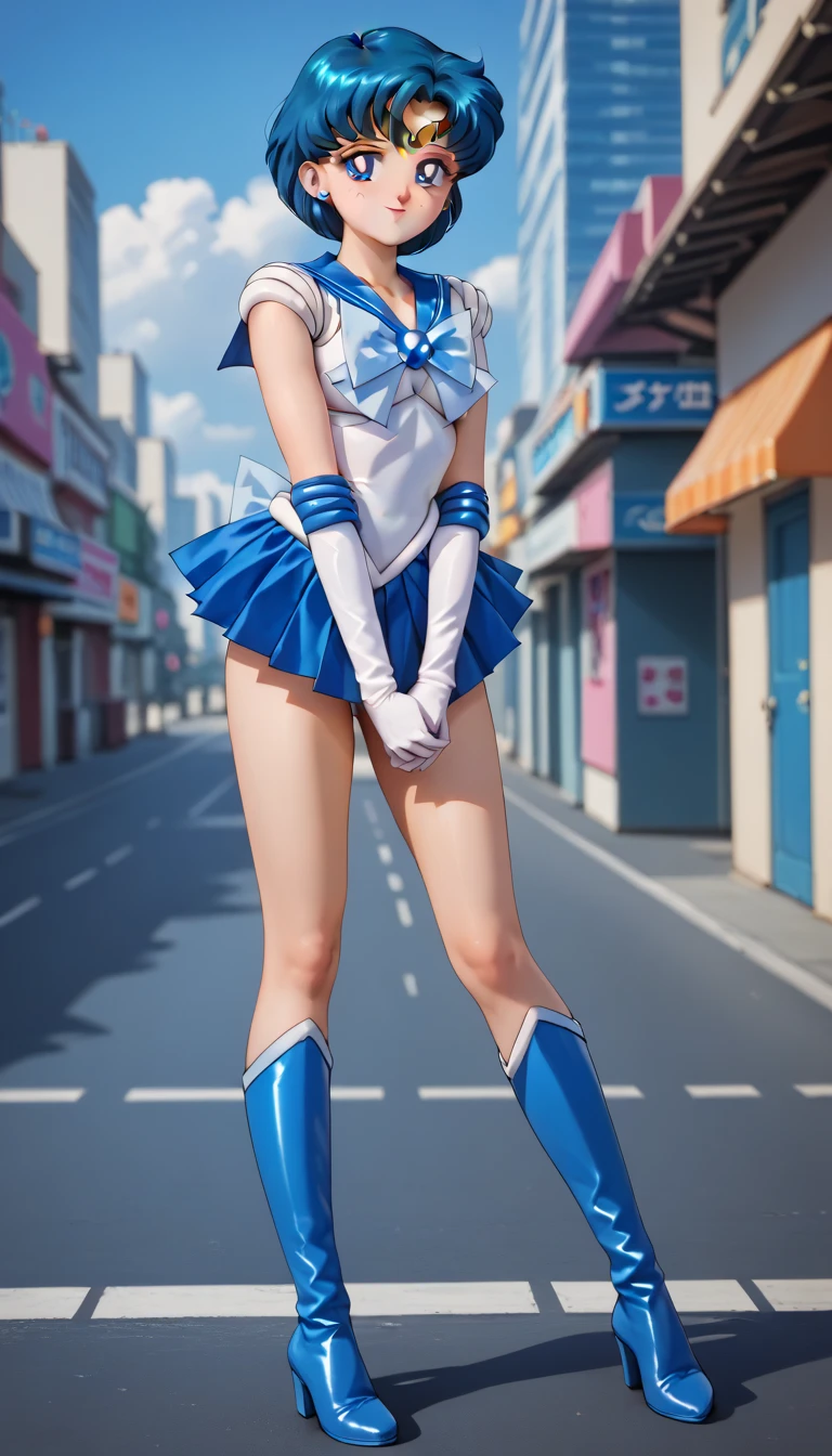 (solo, 1girl), (absurdres, highres, official wallpaper, poster), (masterpiece, best quality:1.2), (illustration, realistic), (perfect details, highest detailed, extreme detailed), dramatic light, <lora:HarukaTenou:0.9>, HarukaTenou, (sailor uranus ,hair bow, elbow gloves, neck ribbon, bangs, short hair, circlet, jewelry), (street, people, city, sitting, blush, heart-shaped pupils, seductive smile, high heels),