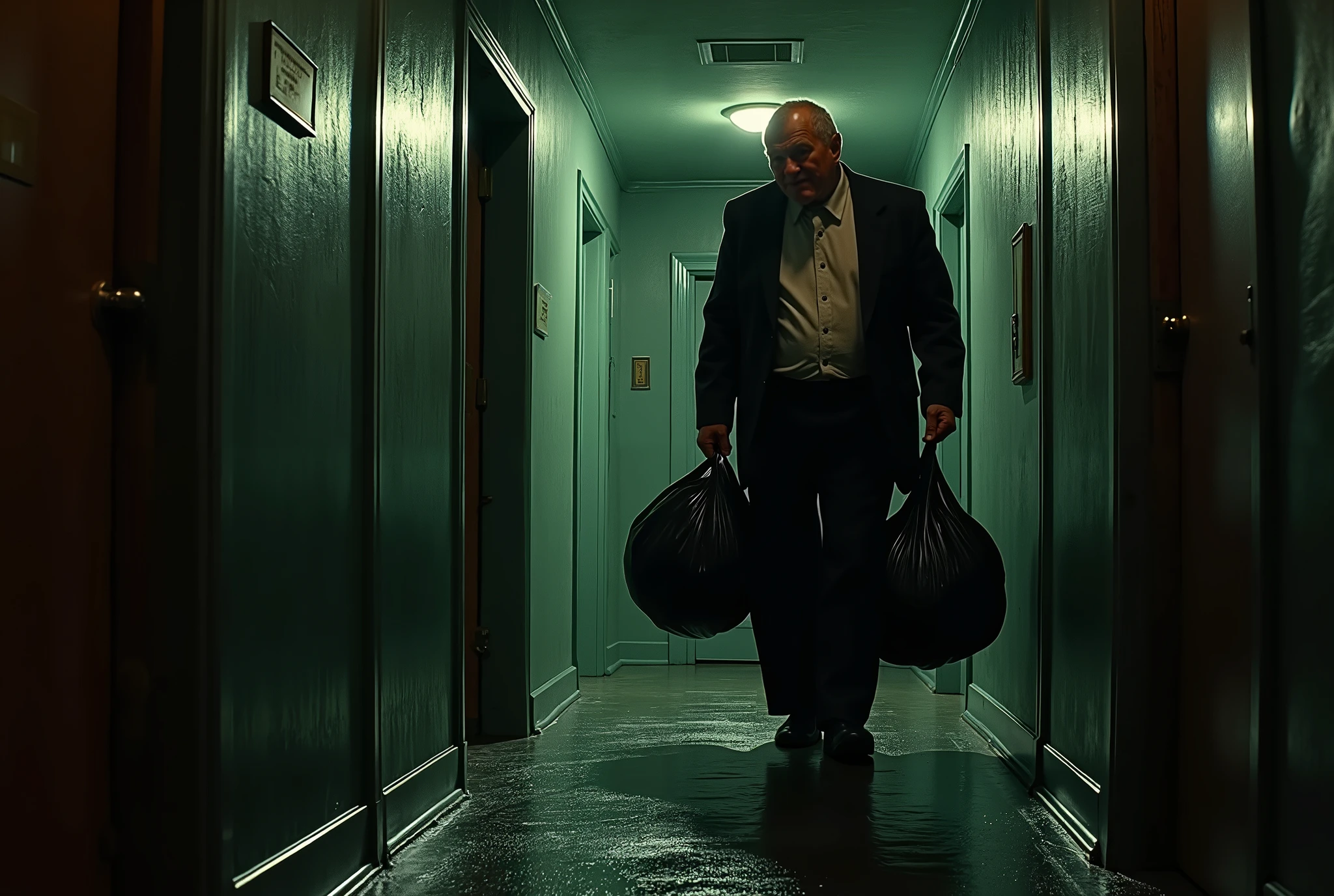 Older man, a little overweight, lives alone in an old Brown Stone apartment complex in classic NYC, from the 1950s, Alfred Hitchcock's Rear Window aesthetic, he is peeping and peeking on his neighbors, he is looking down the hallway late at night, nervously and secretively dragging large black plastic garbage bags, noir film vibe, Giallo film, fumetto, ominous aesthetic, Shadowy, gritty, voyeuristic, moody, suspenseful, retro, eerie, cinematic, mysterious, urban, tense, atmospheric, lurid, vintage, unsettling, Muted colors, high-contrast, sepia tones, chiaroscuro lighting, grainy texture, Dutch angles, low-key lighting, deep shadows, wide shots, voyeuristic framing, retro mise-en-scène, noir palette, Giallo vibrancy, smoky ambiance, cinematic composition, detailed, intricate, medium contrast, murky red and green back lighting, volumetric lighting, Frazetta, James Bama, Jim Steranko, Bernie Wrightson, lurid and vivid, NSFW, perfect anatomy, masterpiece, HD, 8x, "anatomically correct human" "realistic proportions" "natural human pose" "full figure, accurate anatomy" "correct fingers and joints" --"1970s Giallo cinema, moody lighting, chiaroscuro, Italian pulp comic color palette, saturated reds and greens, film grain, foggy lens, dramatic shadows, unnatural angles, Mario Bava meets Frank Miller."-- a scene that could be from a Giallo comic or a lost Alfred Hitchcock frame.”