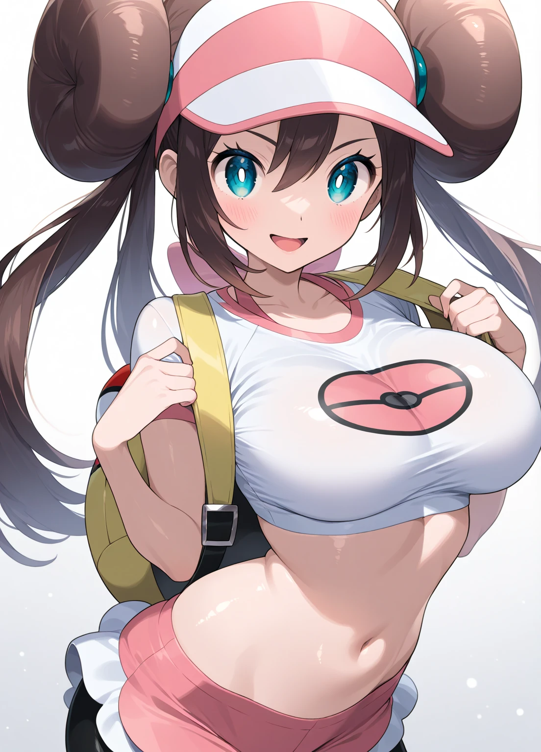 Vivid colors,Brown Hair,Big collar、A garment with an open chest design,Exposed breasts,Pants with no fabric in the crotch area,Exposed pussy,（beige skin,Beige breasts,Beige thighs,Pink nipples,）Light blue eyes,A picture of a woman holding a monster ball, Pokemon Misty, Gainax Anime Style, Also, Masamune Shirow, Inspired by Rei Kamoi, inspired by Un'ichi Hiratsuka, Singey, Cool pose, dramatic Grin pose, Female protagonist 👀 :8, Grin, rei hiroe